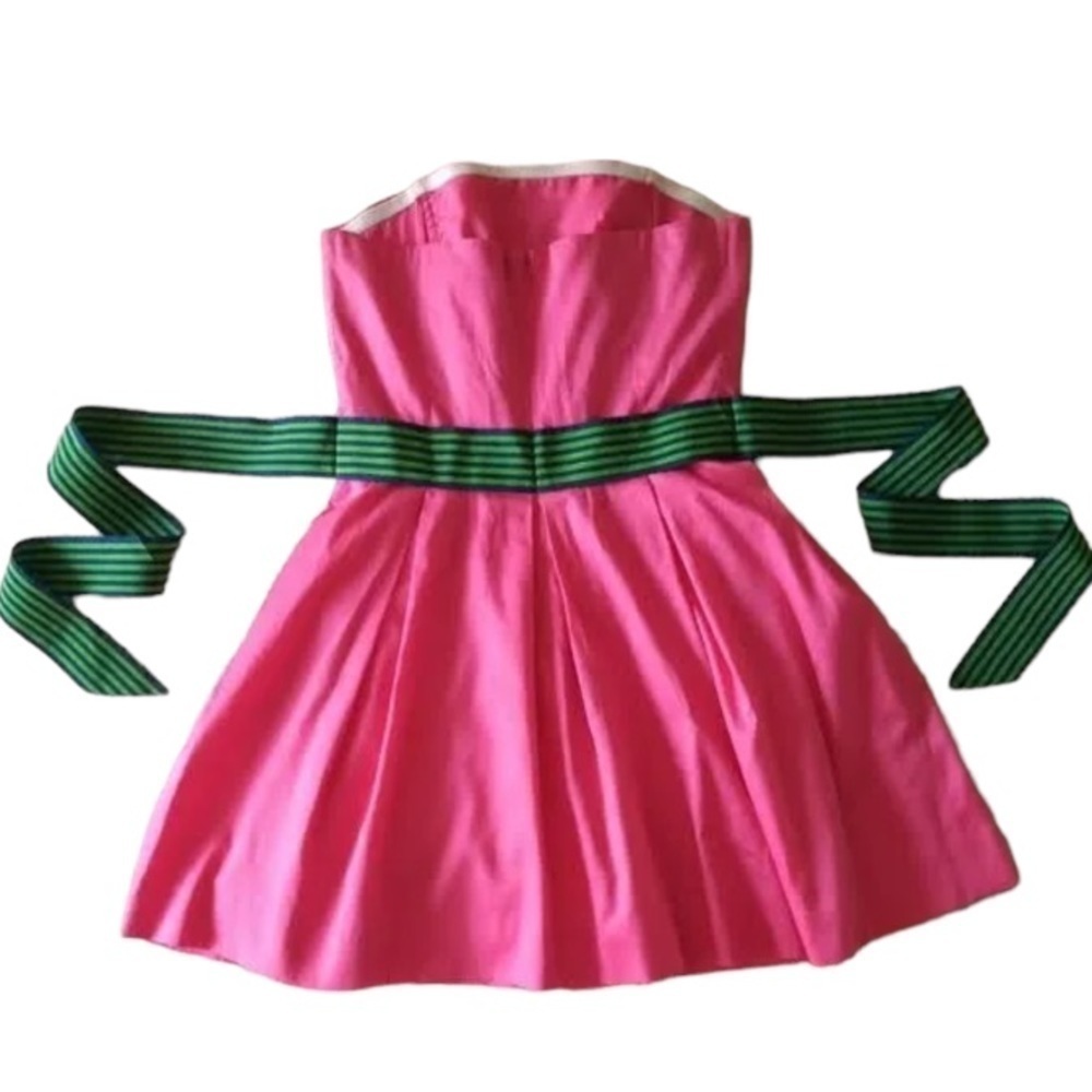 Lilly Pulitzer Pink Strapless Dress Sz 0 Green Belt Knee Length Fit Flare - Picture 5 of 11
